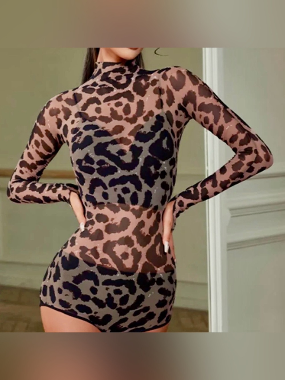 Dance and Sway Sheer Leopard Print long sleeve  bodysuit - Brown/Black XS